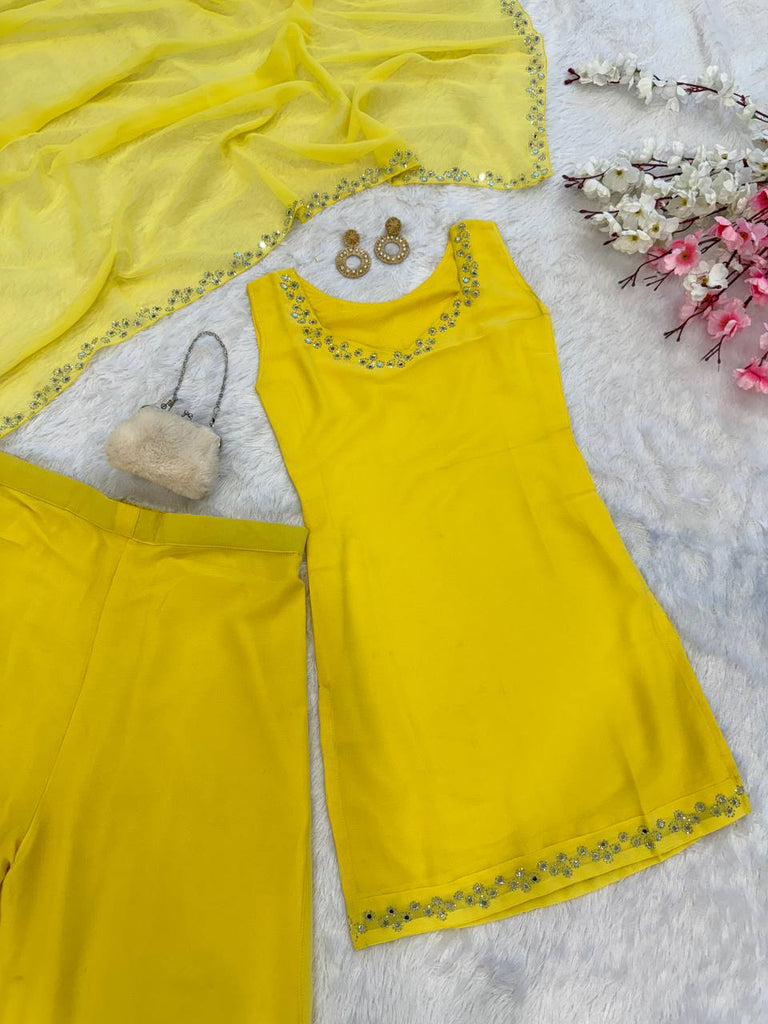 Yellow Georgette Real Mirror Work Kurti Set with Plazo & Dupatta Fully Stitched Ethnic Wear ClothsVilla