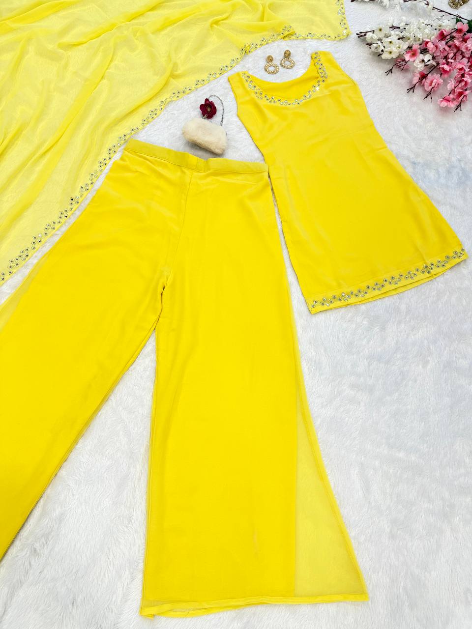 Yellow Georgette Real Mirror Work Kurti Set with Plazo & Dupatta Fully Stitched Ethnic Wear ClothsVilla