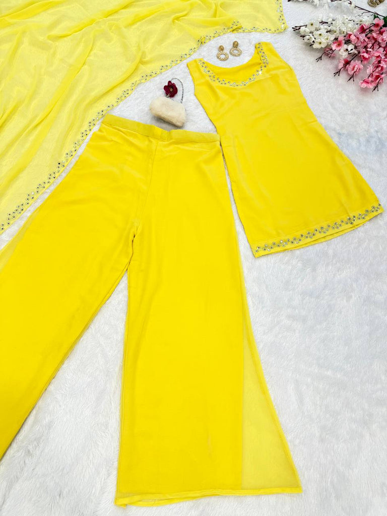 Yellow Georgette Real Mirror Work Kurti Set with Plazo & Dupatta Fully Stitched Ethnic Wear ClothsVilla