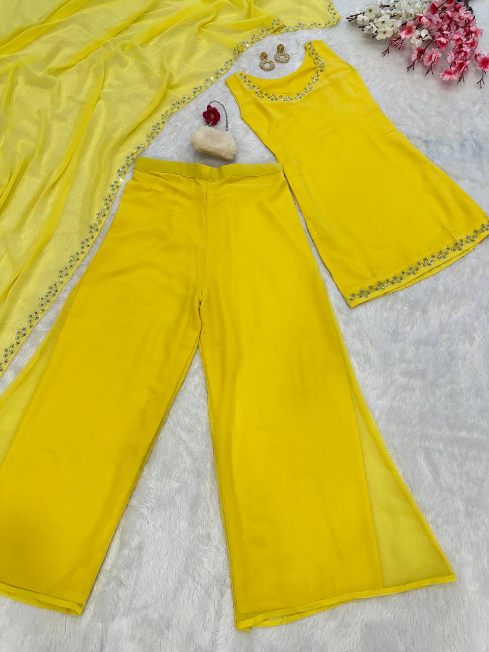 Yellow Georgette Real Mirror Work Kurti Set with Plazo & Dupatta Fully Stitched Ethnic Wear ClothsVilla