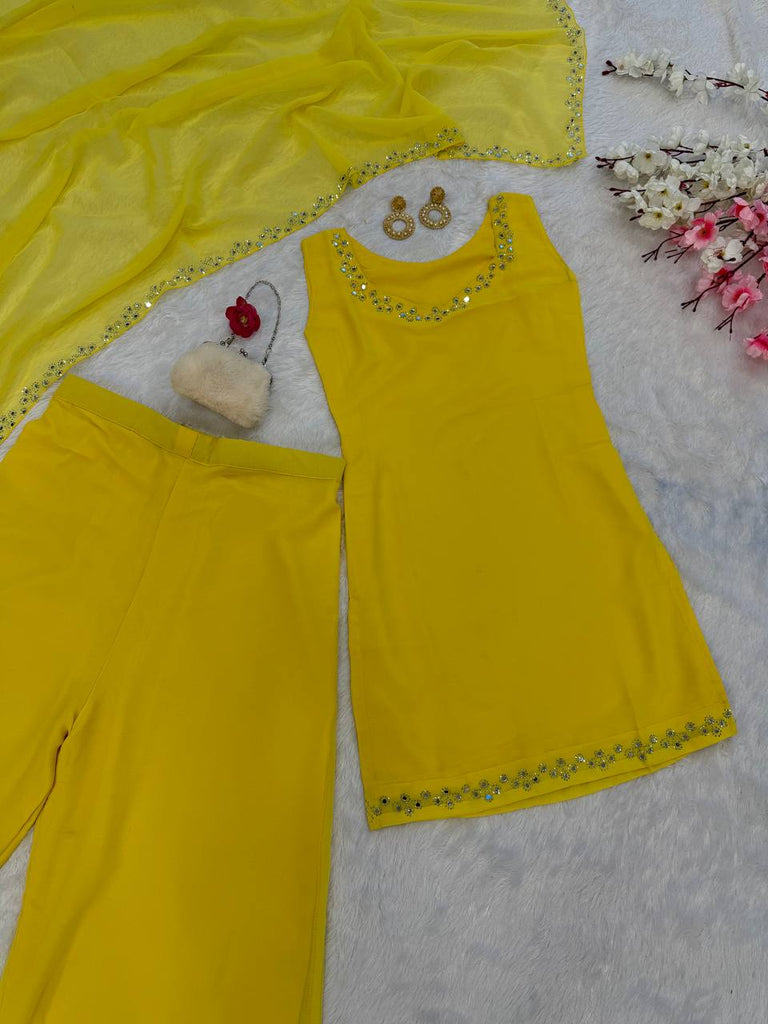 Yellow Georgette Real Mirror Work Kurti Set with Plazo & Dupatta Fully Stitched Ethnic Wear ClothsVilla