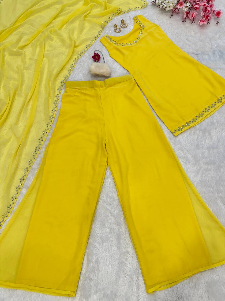 Yellow Georgette Real Mirror Work Kurti Set with Plazo & Dupatta Fully Stitched Ethnic Wear ClothsVilla