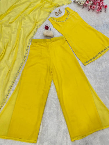 Yellow Georgette Real Mirror Work Kurti Set with Plazo & Dupatta Fully Stitched Ethnic Wear ClothsVilla