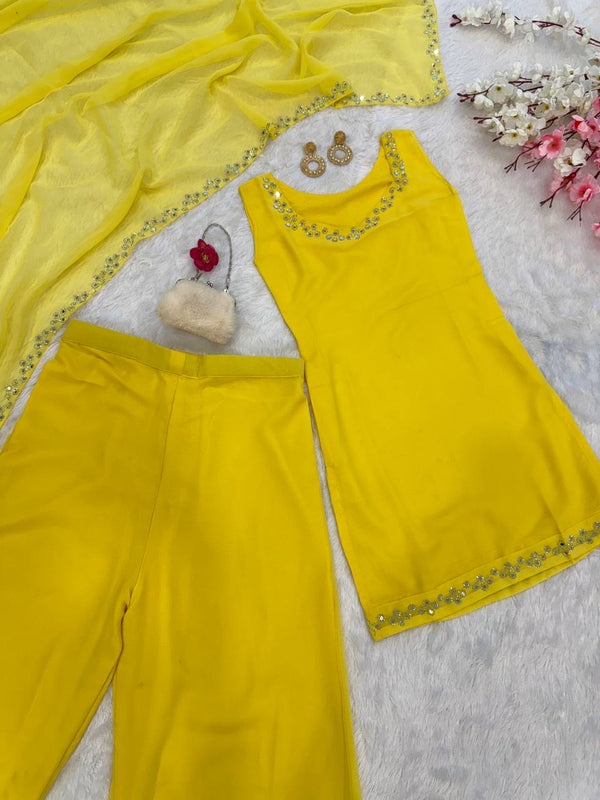 Yellow Georgette Real Mirror Work Kurti Set with Plazo & Dupatta Fully Stitched Ethnic Wear ClothsVilla