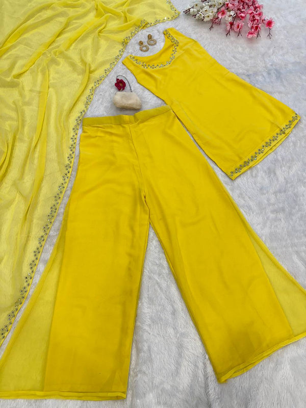 Yellow Georgette Real Mirror Work Kurti Set with Plazo & Dupatta Fully Stitched Ethnic Wear ClothsVilla