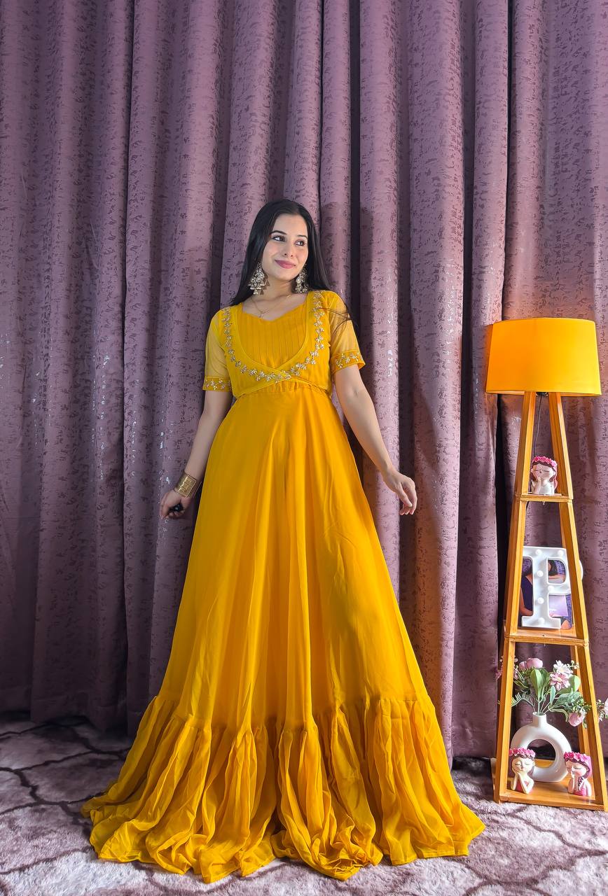 Yellow Georgette Ruffle Gown with Removable Net Koti – Festive Wear Collection ClothsVilla Main image
