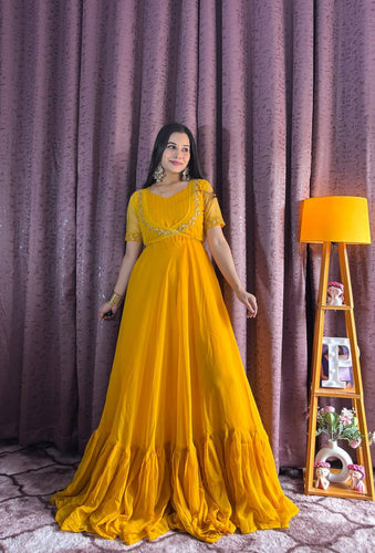 Yellow Georgette Ruffle Gown with Removable Net Koti – Festive Wear Collection ClothsVilla