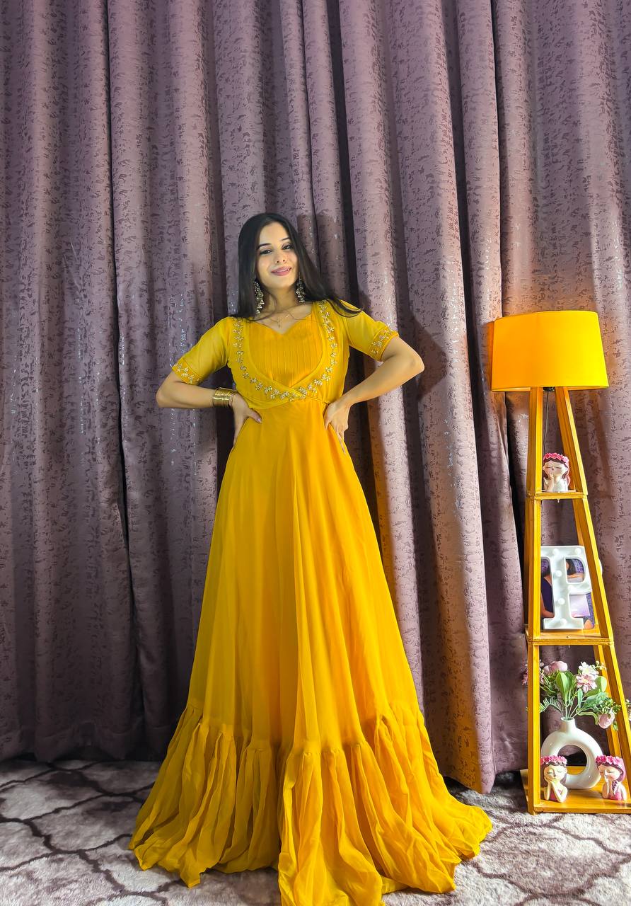 Yellow Georgette Ruffle Gown with Removable Net Koti – Festive Wear Collection Secondary image