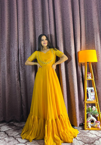 Yellow Georgette Ruffle Gown with Removable Net Koti – Festive Wear Collection ClothsVilla