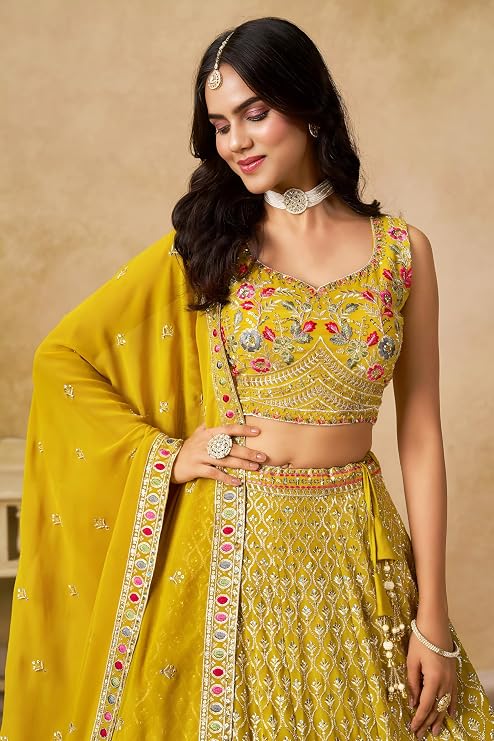 Yellow Georgette Sequin Lehenga Choli ClothsVilla
