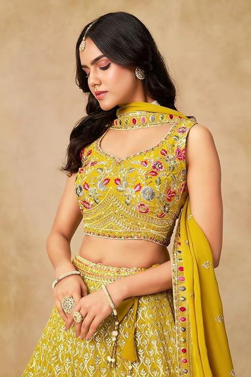 Yellow Georgette Sequin Lehenga Choli ClothsVilla