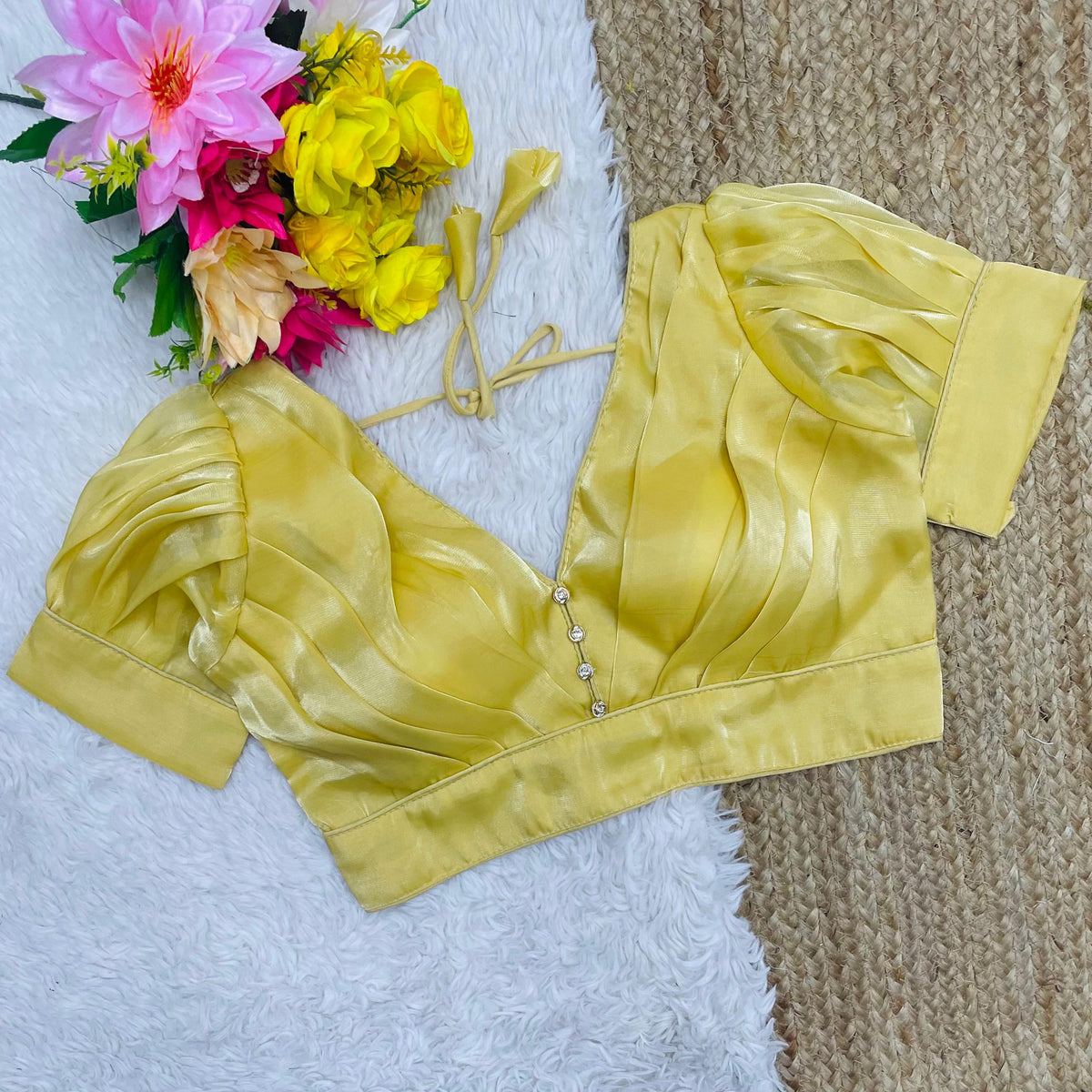 Yellow Glamorous Ruffled Metallic Jimmy Choo Blouse ClothsVilla Main image