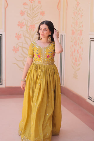 Yellow Gold Crush Gown with Multicolor Thread Embroidery & Sequin Zari Work ClothsVilla