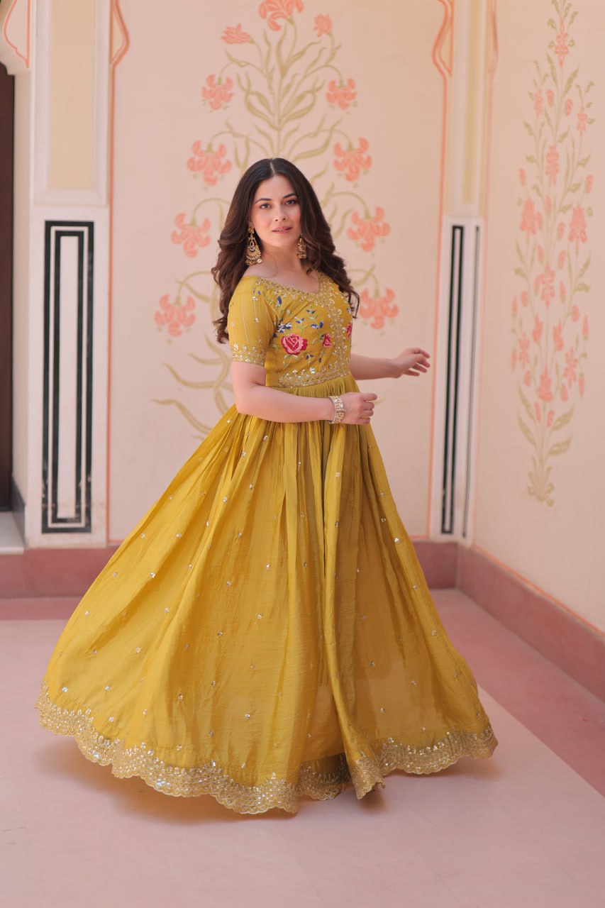 Yellow Gold Crush Gown with Multicolor Thread Embroidery & Sequin Zari Work ClothsVilla