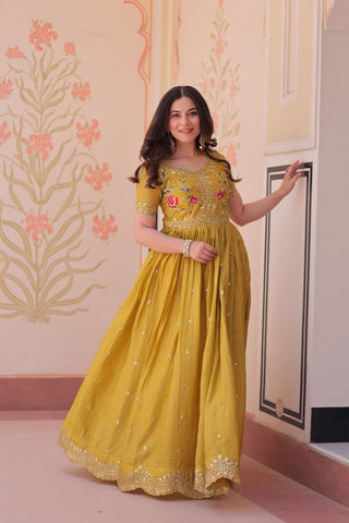 Yellow Gold Crush Gown with Multicolor Thread Embroidery & Sequin Zari Work ClothsVilla