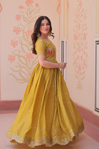 Yellow Gold Crush Gown with Multicolor Thread Embroidery & Sequin Zari Work ClothsVilla