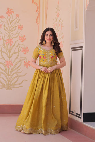 Yellow Gold Crush Gown with Multicolor Thread Embroidery & Sequin Zari Work ClothsVilla