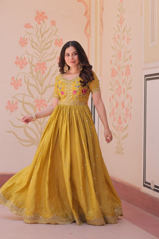 Yellow Gold Crush Gown with Multicolor Thread Embroidery & Sequin Zari Work ClothsVilla