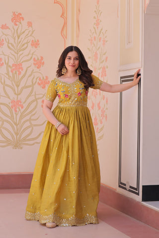 Yellow Gold Crush Gown with Multicolor Thread Embroidery & Sequin Zari Work ClothsVilla