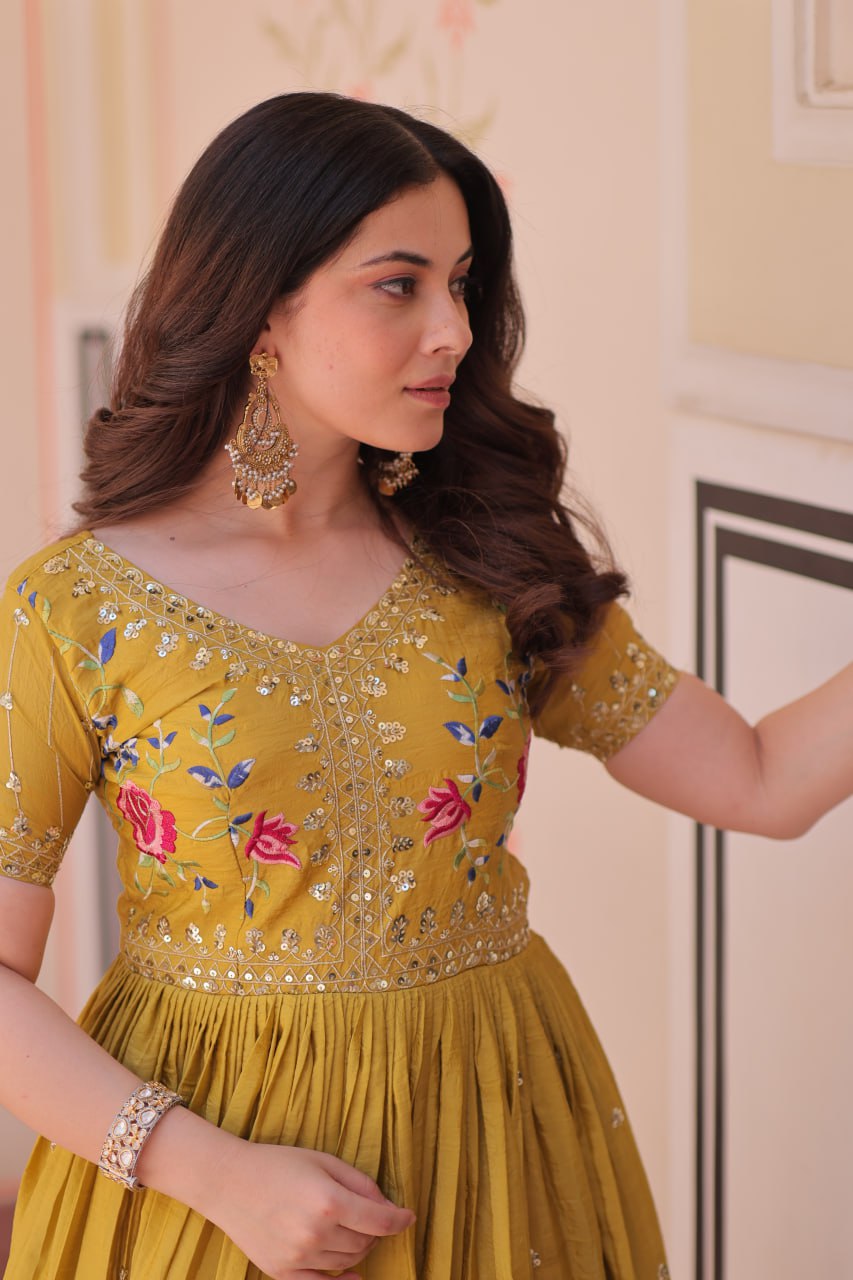Yellow Gold Crush Gown with Multicolor Thread Embroidery & Sequin Zari Work ClothsVilla