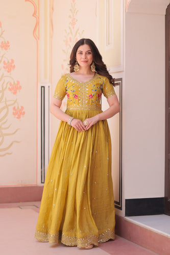 Yellow Gold Crush Gown with Multicolor Thread Embroidery & Sequin Zari Work ClothsVilla