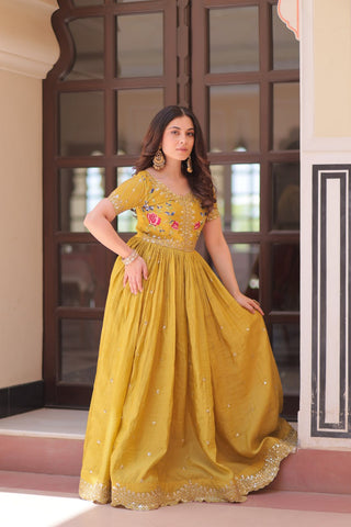 Yellow Gold Crush Gown with Multicolor Thread Embroidery & Sequin Zari Work ClothsVilla