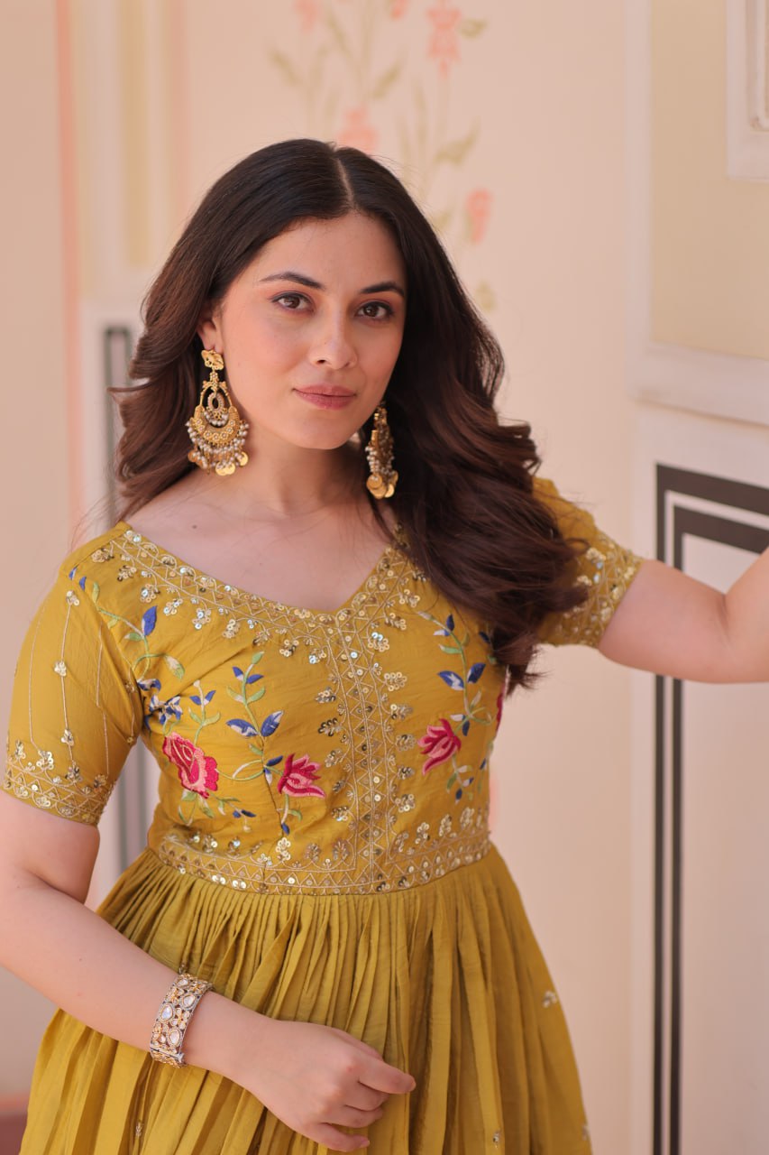Yellow Gold Crush Gown with Multicolor Thread Embroidery & Sequin Zari Work ClothsVilla
