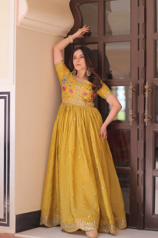 Yellow Gold Crush Gown with Multicolor Thread Embroidery & Sequin Zari Work ClothsVilla