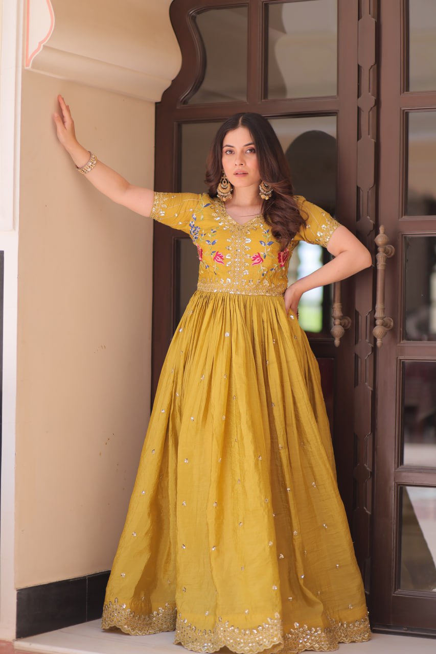 Yellow Gold Crush Gown with Multicolor Thread Embroidery & Sequin Zari Work ClothsVilla