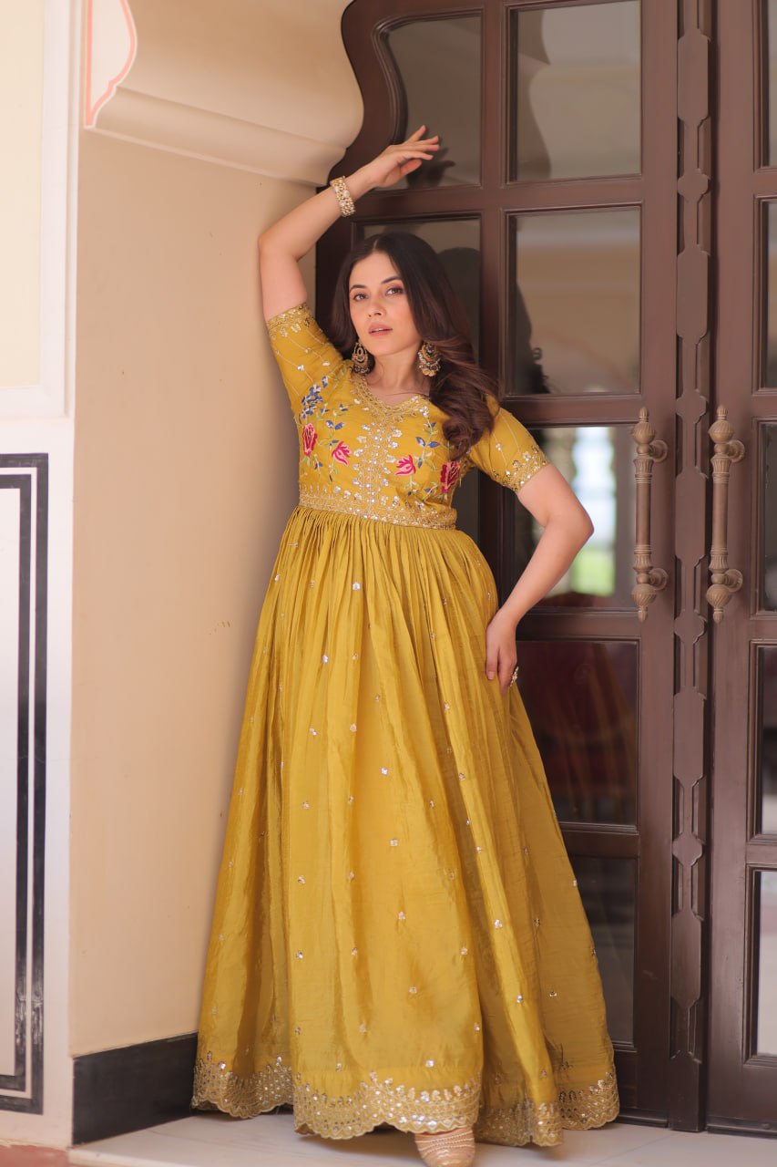 Yellow Gold Crush Gown with Multicolor Thread Embroidery & Sequin Zari Work ClothsVilla