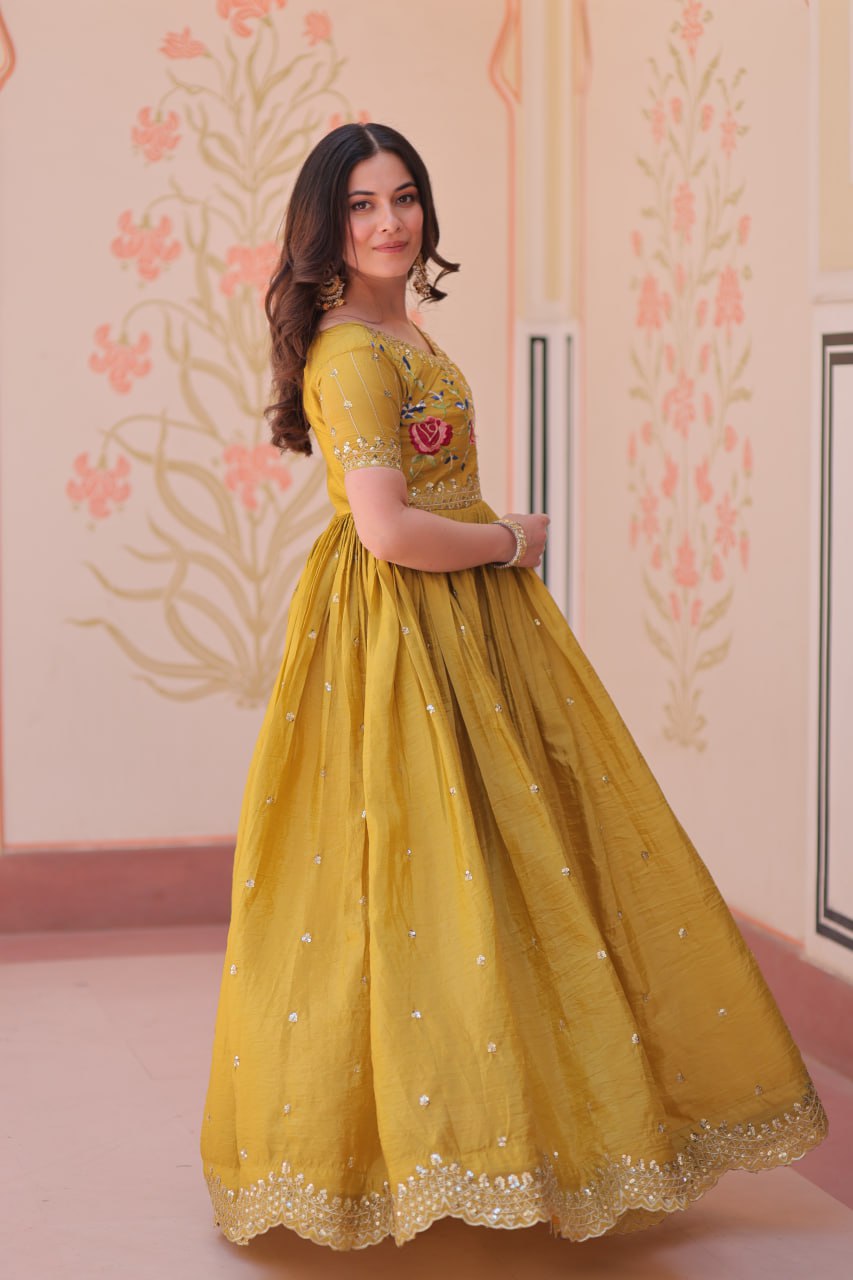 Yellow Gold Crush Gown with Multicolor Thread Embroidery & Sequin Zari Work ClothsVilla