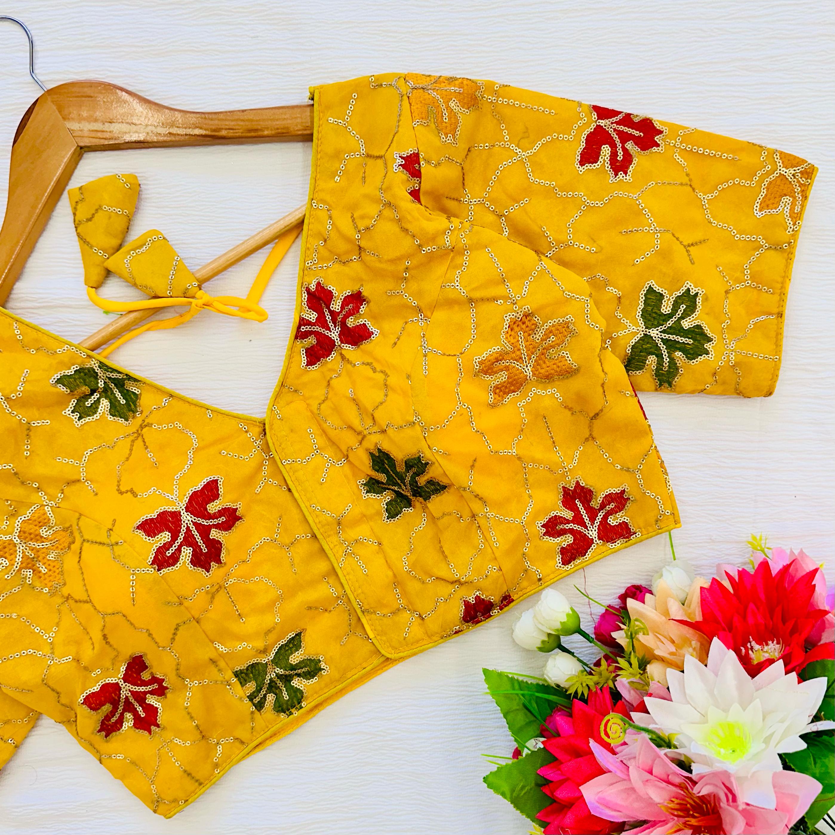 Yellow Golden Sequined Blouse with Colorful Embroidery in Georgette Silk ClothsVilla Main image