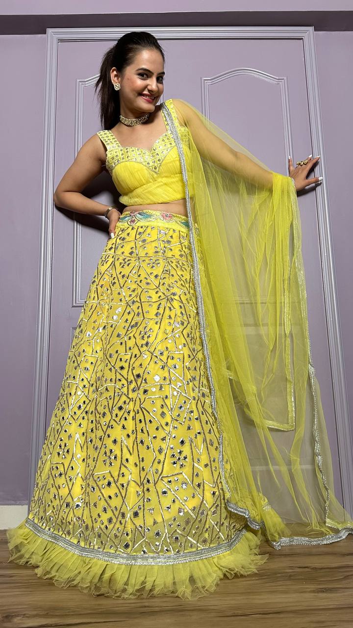 Yellow Gorgeous Georgette Lehenga Set with Zari & Foil Work ClothsVilla