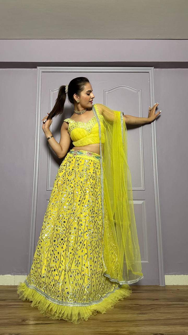 Yellow Gorgeous Georgette Lehenga Set with Zari & Foil Work ClothsVilla