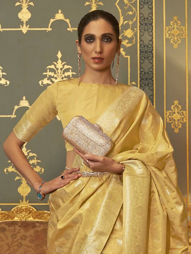 Yellow Graceful Banarasi Silk Blend Saree with Unstitched Blouse Piece ClothsVilla
