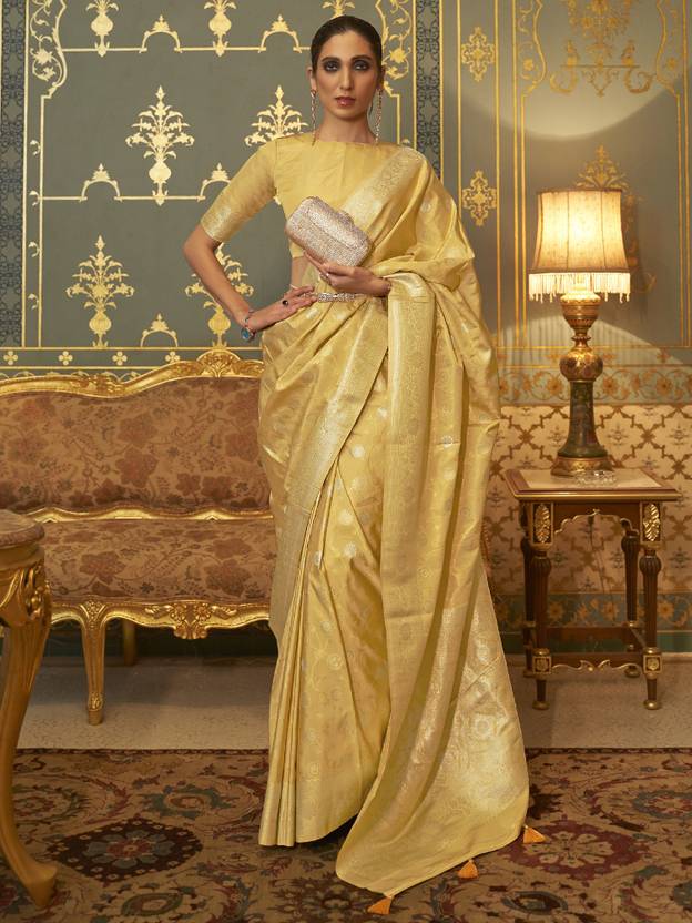 Yellow Graceful Banarasi Silk Blend Saree with Unstitched Blouse Piece ClothsVilla