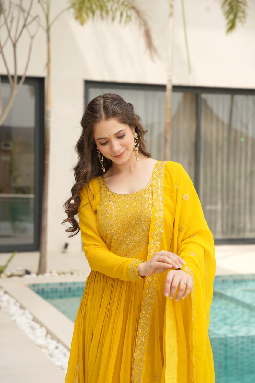 Yellow Graceful Faux Blooming Embroidered Gown with Sequins Dupatta – Fully Stitched Elegance ClothsVilla