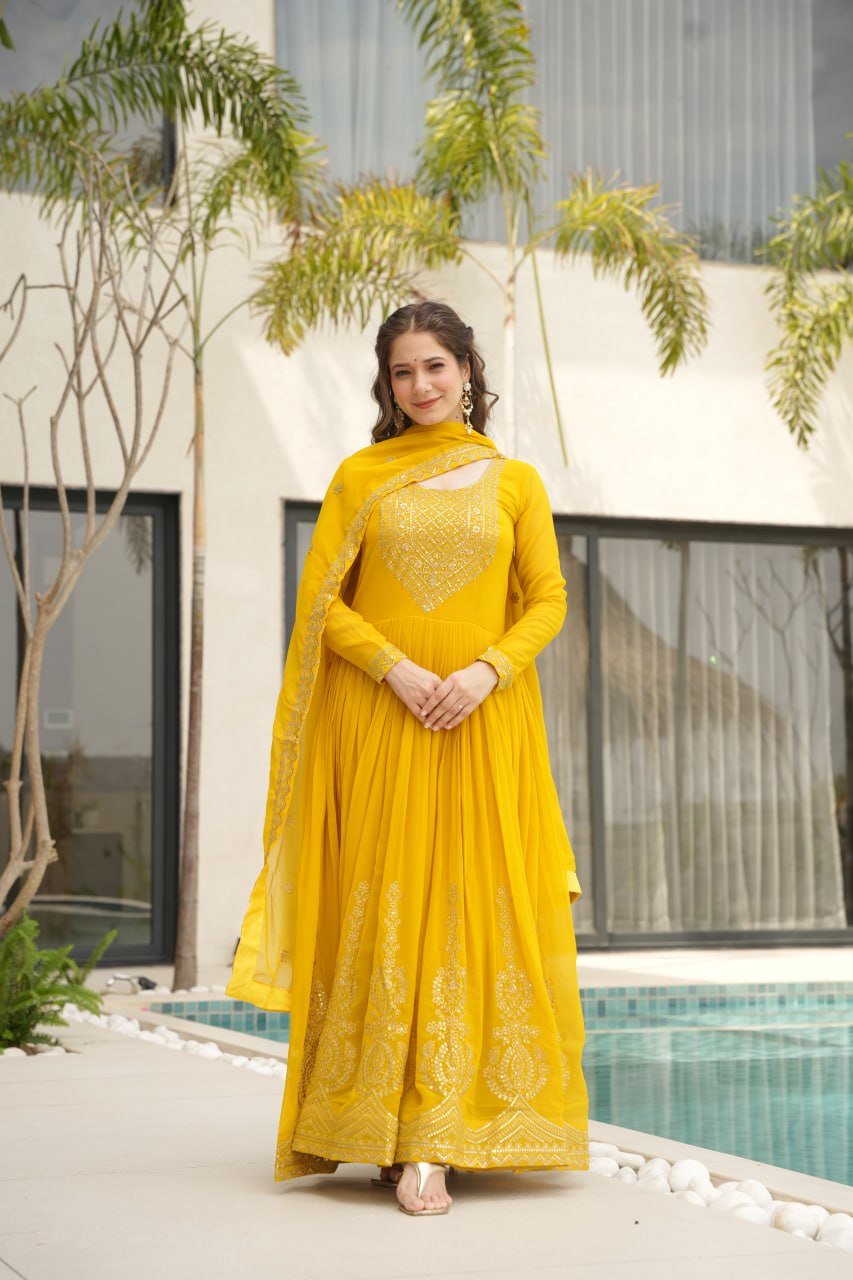 Yellow Graceful Faux Blooming Embroidered Gown with Sequins Dupatta – Fully Stitched Elegance ClothsVilla Main image