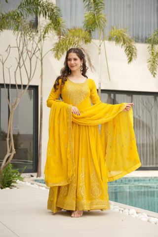 Yellow Graceful Faux Blooming Embroidered Gown with Sequins Dupatta – Fully Stitched Elegance ClothsVilla