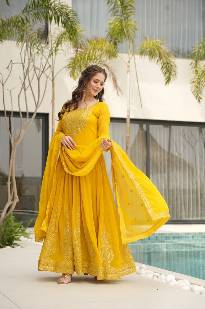 Yellow Graceful Faux Blooming Embroidered Gown with Sequins Dupatta – Fully Stitched Elegance ClothsVilla
