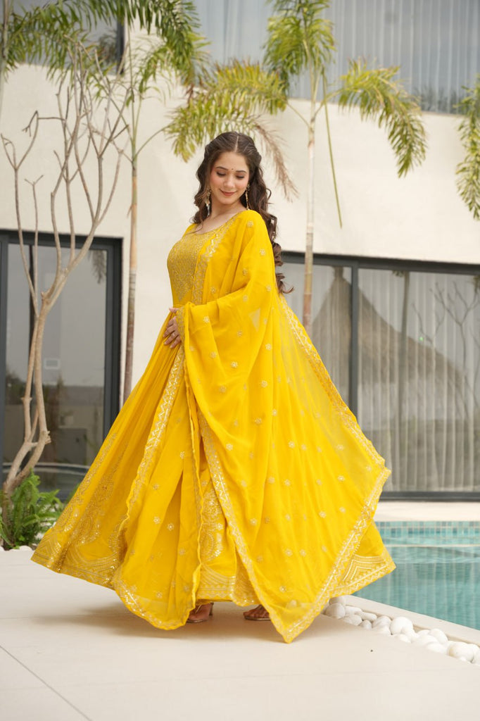 Yellow Graceful Faux Blooming Embroidered Gown with Sequins Dupatta – Fully Stitched Elegance ClothsVilla