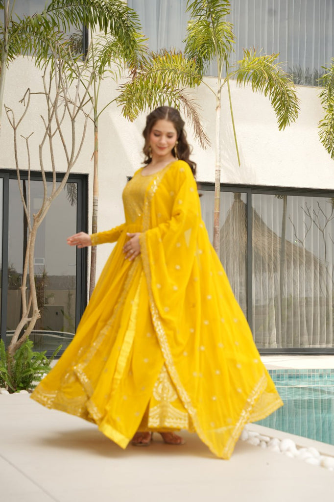 Yellow Graceful Faux Blooming Embroidered Gown with Sequins Dupatta – Fully Stitched Elegance ClothsVilla
