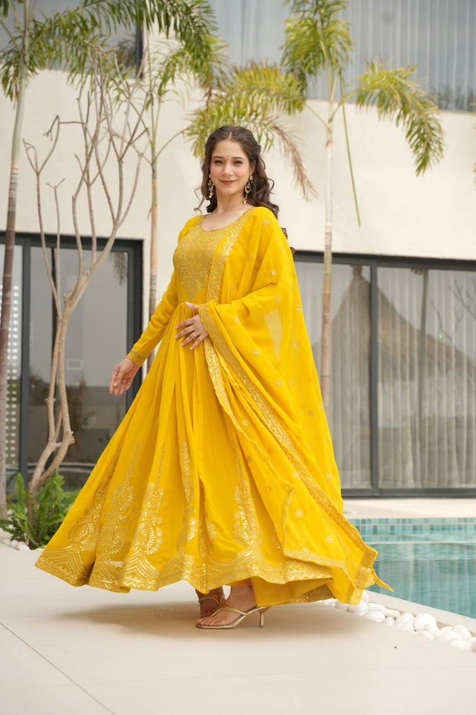 Yellow Graceful Faux Blooming Embroidered Gown with Sequins Dupatta – Fully Stitched Elegance ClothsVilla