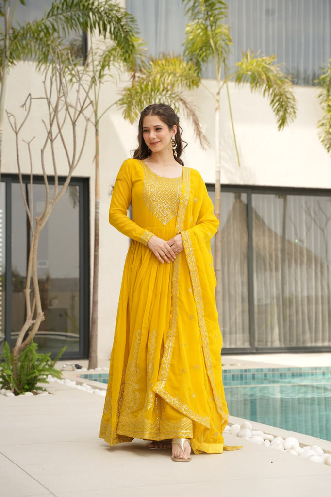 Yellow Graceful Faux Blooming Embroidered Gown with Sequins Dupatta – Fully Stitched Elegance ClothsVilla