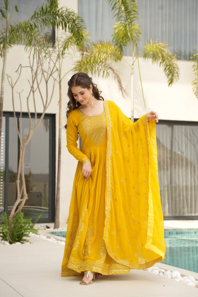 Yellow Graceful Faux Blooming Embroidered Gown with Sequins Dupatta – Fully Stitched Elegance ClothsVilla