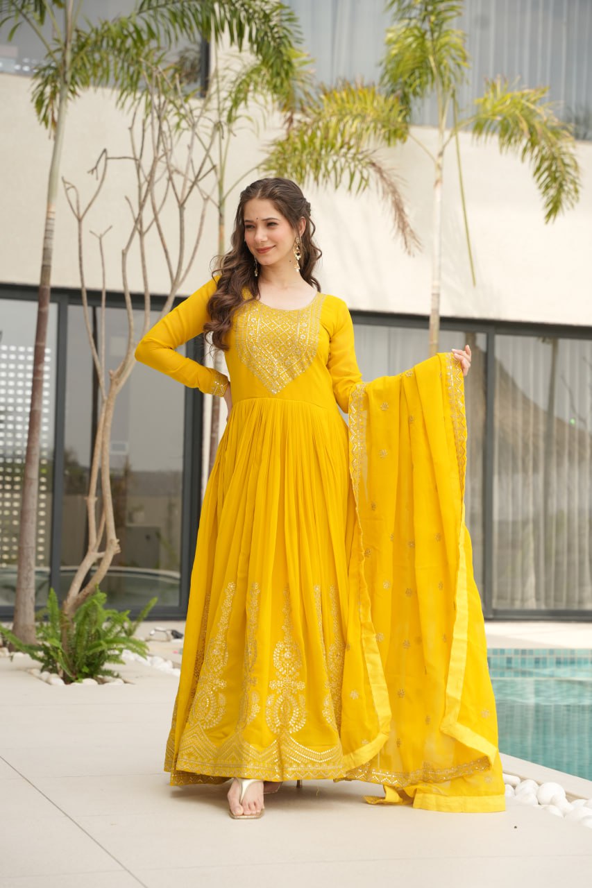 Yellow Graceful Faux Blooming Embroidered Gown with Sequins Dupatta – Fully Stitched Elegance ClothsVilla