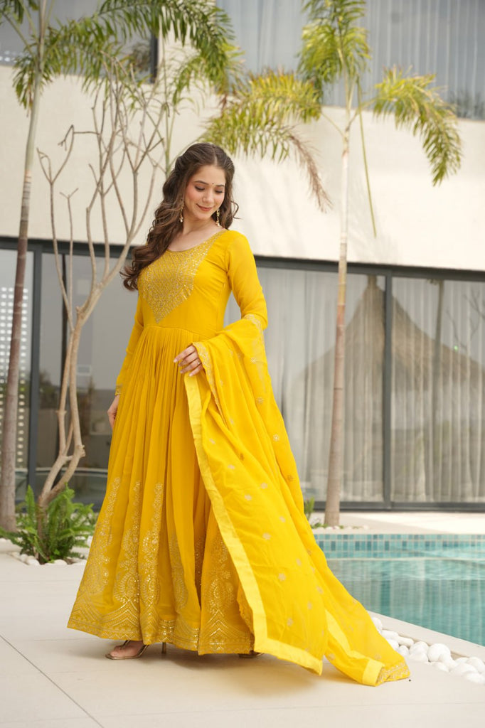 Yellow Graceful Faux Blooming Embroidered Gown with Sequins Dupatta – Fully Stitched Elegance ClothsVilla