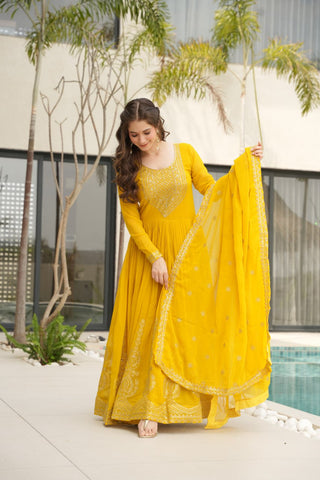 Yellow Graceful Faux Blooming Embroidered Gown with Sequins Dupatta – Fully Stitched Elegance ClothsVilla
