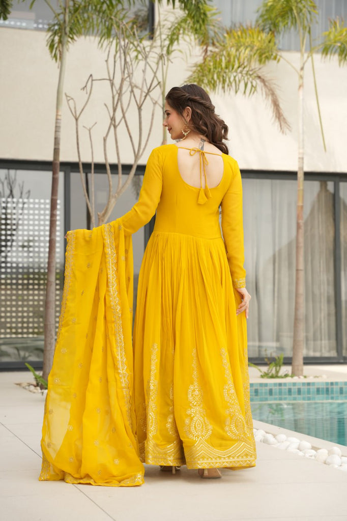 Yellow Graceful Faux Blooming Embroidered Gown with Sequins Dupatta – Fully Stitched Elegance ClothsVilla