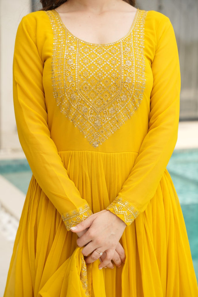 Yellow Graceful Faux Blooming Embroidered Gown with Sequins Dupatta – Fully Stitched Elegance ClothsVilla